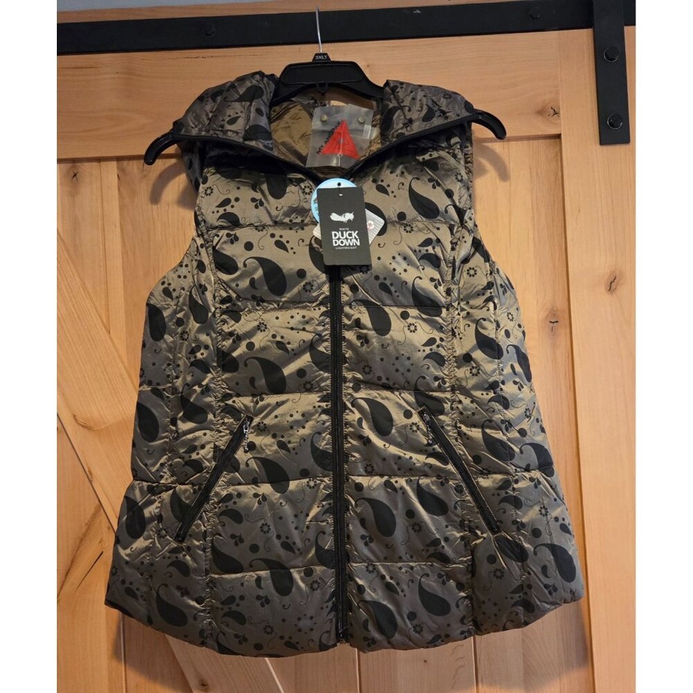 New! MY ANORAK Size L Quilted Down Hooded Vest Full Zip Mushroom Paisley w Bag